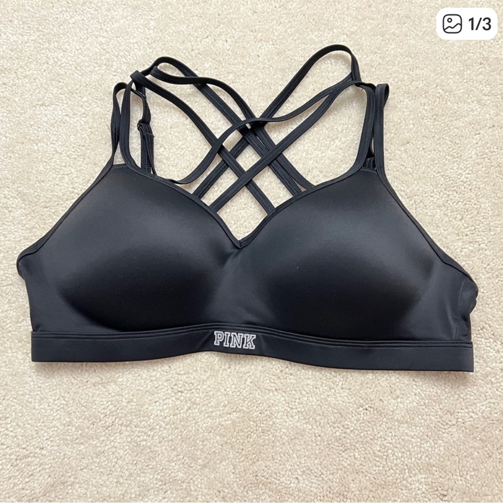 Victoria’s Secret PINK ULTIMATE Black Strappy Padded Push Up Sport Bra VS Large